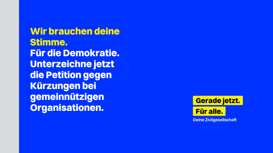 Wir brauchen deine Stimme in gelber Schrift auf blauem Hintergrund.