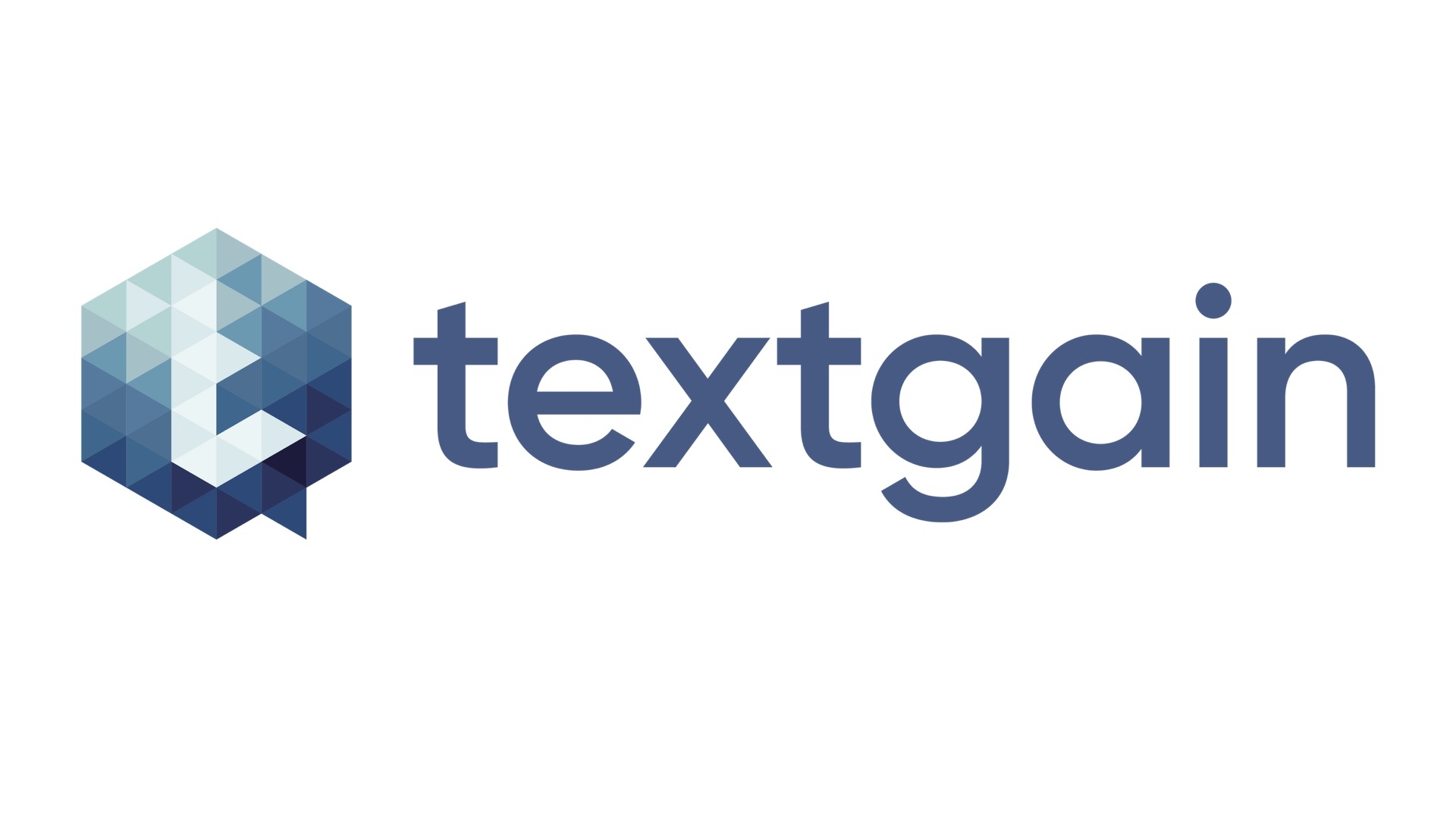 Buchstabe T in verpixelter Sprechblase, rechts daneben blauer Schriftzug "Textgain"